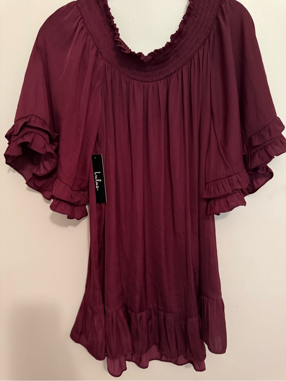 Lulu's Burgundy Ruffled Off-Shoulder Tunic Top